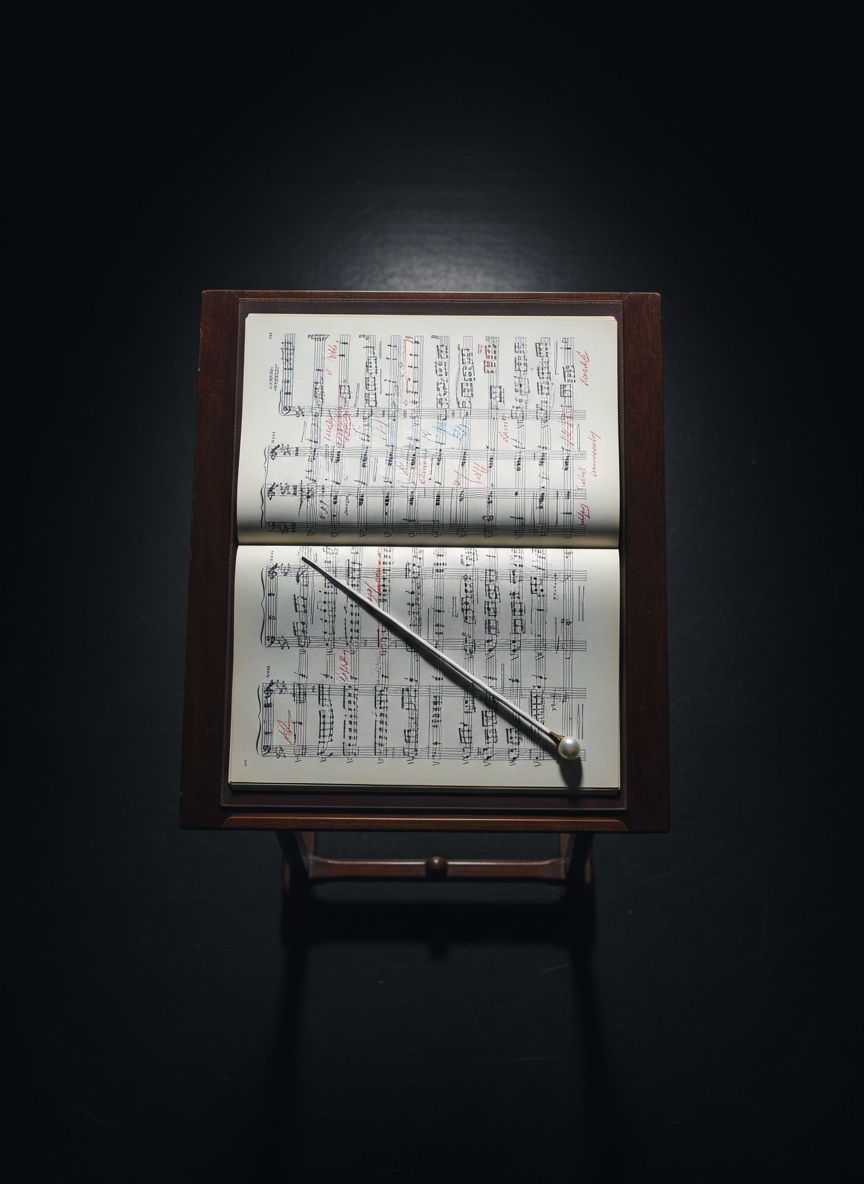 An ultra-refined, photographic overhead shot of a conductor’s podium prepared for a women’s orchestra performance, intentionally devoid of people. A polished, dark-wood podium stands center frame, supporting a leather-bound score open to a complex passage, with elegant handwritten annotations. A slim, white baton with a pearl-like handle rests diagonally across the pages. Around the podium, the floor is covered in matte black, with faint reflections of light fixtures above. Cool, focused spotlighting illuminates only the podium area, leaving the surroundings in a gentle vignette shadow. The mood is authoritative yet graceful, with a minimalist, modern aesthetic that emphasizes sophistication and the quiet intensity of orchestral leadership.