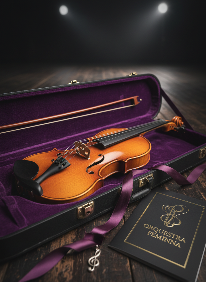 A close-up, photographic image of a richly detailed violin resting in an open velvet-lined case, accented with subtle feminine details instead of any human presence. The violin’s warm amber varnish glows under soft, warm studio lighting, revealing delicate wood grain and fine craftsmanship. Beside it lie a slim satin ribbon in deep plum, a small silver treble-clef pendant, and an elegant black program booklet embossed with the words “Orquestra Feminina” in gold foil. The background is softly blurred, with only hints of a dark concert stage floor. Shot at a low angle with shallow depth of field, the composition feels intimate, luxurious, and sophisticated, suggesting a powerful yet graceful orchestral identity.