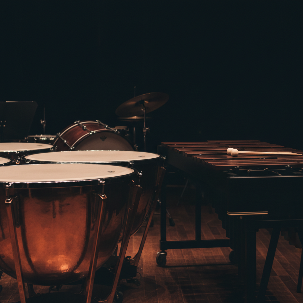 A dramatic, photographic close-up of orchestral percussion instruments tailored to a sophisticated, feminine ensemble, with no performers present. A set of timpani with perfectly taut copper bowls glows under focused stage lights, their surfaces reflecting subtle amber and rose tones. Nearby, a sleek black marimba with rosewood bars sits on a polished dark floor, and a pair of soft mallets with ivory heads rests gently on its surface. The background fades into deep shadow with hints of other instruments barely visible. Shot from a low, side angle, with shallow depth of field isolating the timpani and marimba. The mood is powerful, poised, and refined, highlighting the strength and elegance of orchestral rhythm.