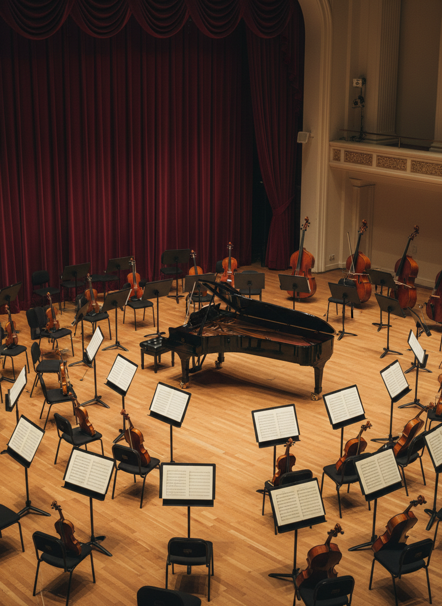 A grand symphonic concert hall stage set for an all-female orchestra, but with no musicians present, only their precisely arranged instruments. Lustrous black music stands form elegant arcs, each holding crisp cream-colored sheet music with intricate notation. Polished violins, cellos, and a gleaming grand piano rest under soft, golden stage lights that create subtle reflections on the lacquered wood and metal strings. The plush, deep-burgundy curtain frames the scene in the background. Photographic realism from an eye-level, wide-angle perspective, with sharp focus throughout. The atmosphere is sophisticated and anticipatory, evoking the quiet just before a refined, powerful performance begins.