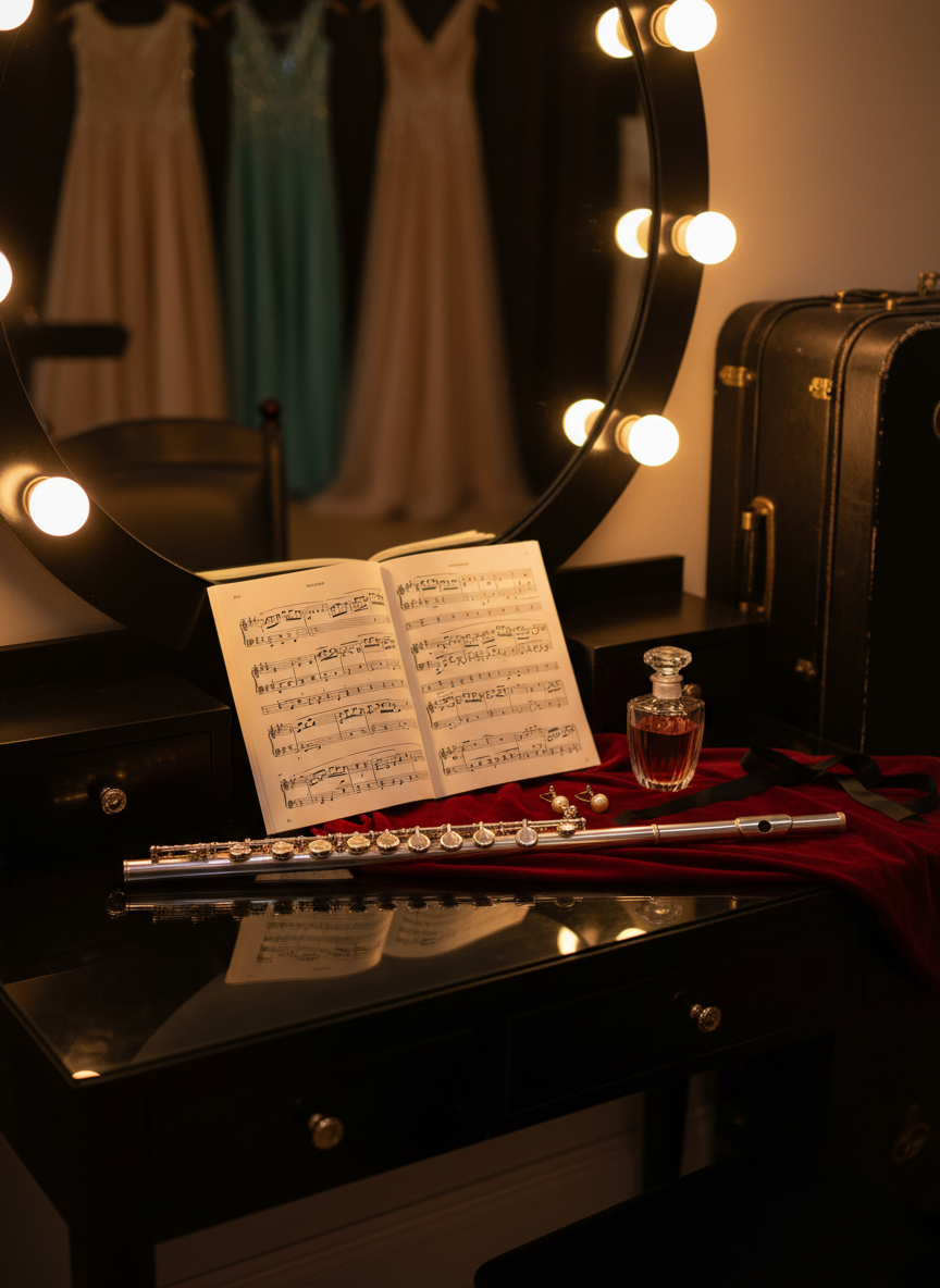 A luxurious backstage dressing table vignette hinting at an all-female orchestra, without showing any humans. On a sleek black lacquer vanity, an open sheet music book leans against a softly illuminated mirror surrounded by warm, round bulbs. A silver flute in pristine condition rests neatly on a velvet cloth, alongside a crystal perfume bottle, a pair of understated pearl earrings, and a slim, black satin hair ribbon. The mirror reflects only blurred hints of hanging concert gowns and instrument cases. Photographic realism with a shallow depth of field, focusing tightly on the flute and accessories. The lighting creates a golden, intimate glow, evoking sophistication, ritual, and quiet pre-concert focus.