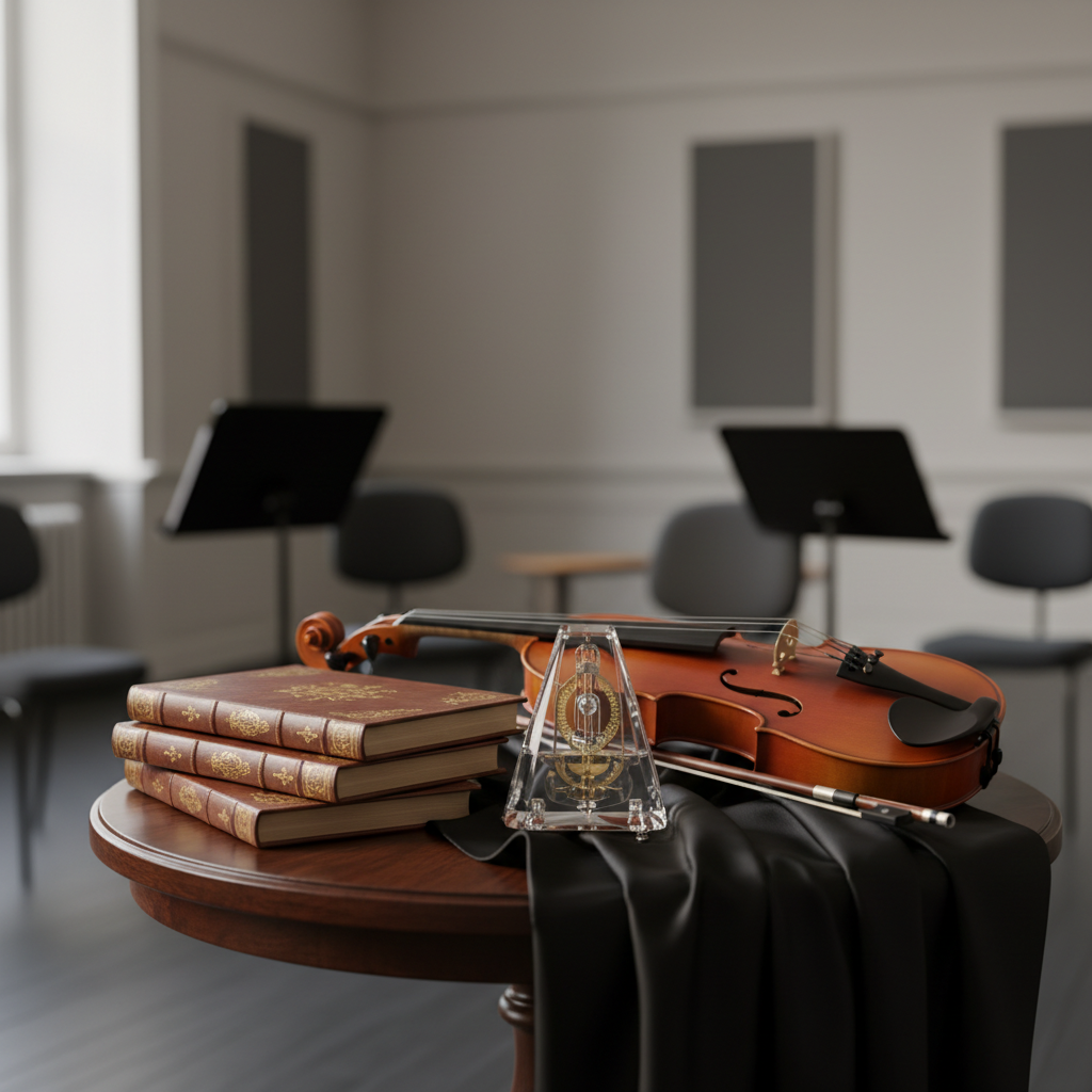 An intimate, photographic still life of chamber music prepared for an all-female string ensemble, entirely without human figures. A small, round, dark-wood table is set with three stacked, leather-bound scores embossed in gold, a delicate crystal metronome with visible brass mechanism, and a single, perfectly tuned viola laid gently on a black silk cloth. Soft, diffused late-afternoon light enters from an unseen window, creating subtle reflections on the crystal and warm highlights along the viola’s curves. The background consists of a blurred, sophisticated rehearsal room with muted, neutral tones. Shot from an eye-level angle using shallow depth of field, the composition is balanced, calm, and exquisitely detailed, embodying quiet excellence and feminine sophistication in orchestral music.