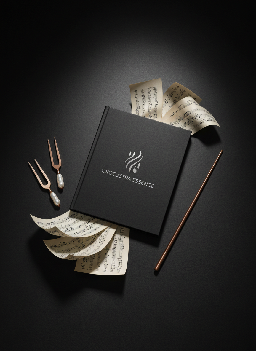 A sophisticated branding still life for “ORQUESTRA ESSENCE,” showing a minimalist black hardback score folder embossed with a subtle metallic silver logo depicting a stylized orchestra. The folder lies on a matte ebony concert stage floor, accompanied by a single rose-gold conductor’s baton and a pair of pearl-inlaid tuning forks. A faint swirl of sheet music pages fan out beneath, printed on thick, ivory paper. Dramatic, directional spotlighting from above casts long, graceful shadows and creates a luxurious sheen on the metallic elements. Captured in photographic realism from a slightly overhead angle, with balanced negative space around the subject. The atmosphere is modern, refined, and distinctly feminine without using human figures.