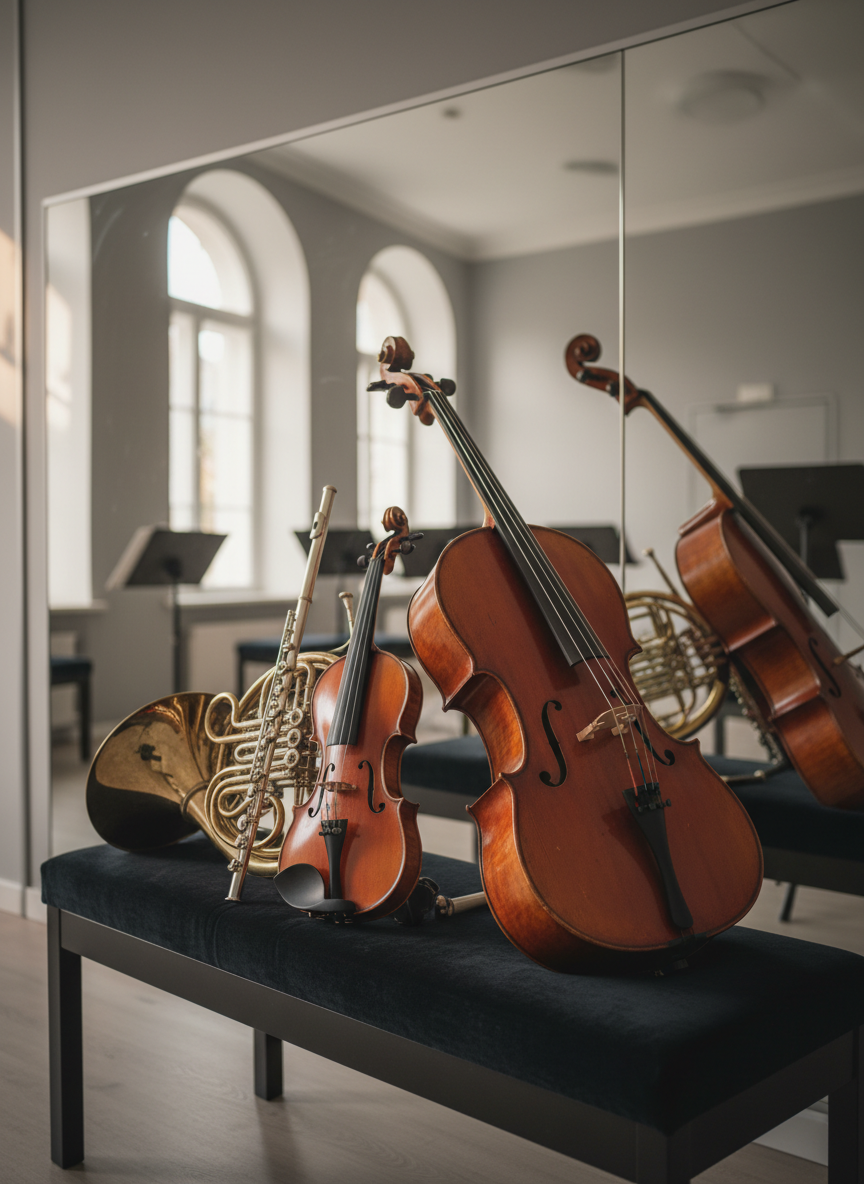 An array of classical orchestra instruments traditionally associated with female performers displayed in a refined rehearsal studio, with no people present. A polished cherry-wood violin, rich mahogany cello, silver-plated flute, and burnished French horn rest on a dark, velvet-draped bench, each showing delicate craftsmanship and subtle wear. Behind them, a muted dove-gray wall and a full-length mirror reflect the instruments softly. Diffused afternoon light filters through high windows, creating gentle highlights along curves and strings. Shot in photographic realism with a slightly elevated angle and shallow depth of field, the foreground instruments in crisp focus while the background fades into a soft blur. The mood is intimate, elegant, and quietly powerful.