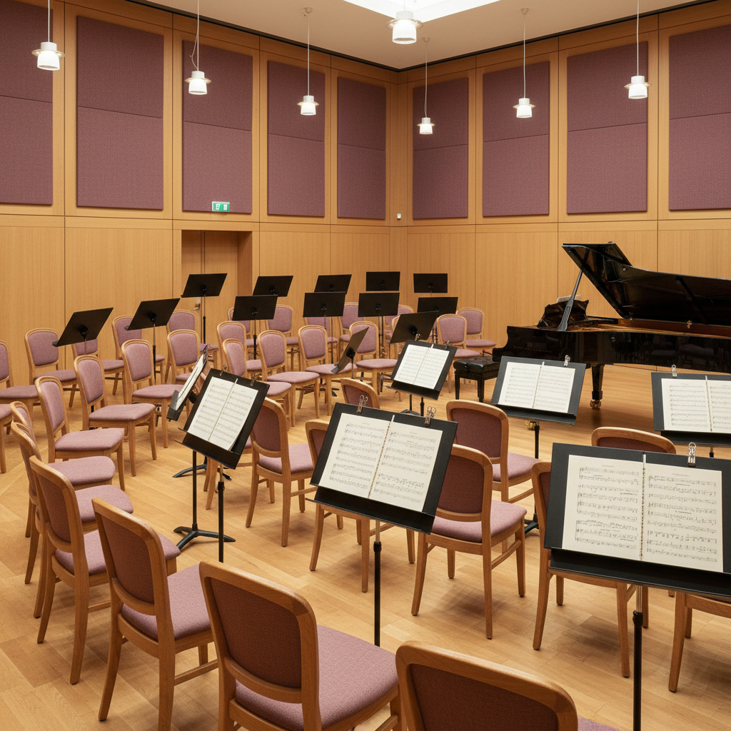 A meticulously composed, photographic image of an empty orchestral rehearsal room designed for an all-female ensemble, yet completely unoccupied. Elegant chairs with curved backs are arranged in gentle semi-circles, each paired with a matte-black music stand holding neatly clipped, cream-colored scores. A grand piano with its lid slightly open rests to the side, its polished ebony surface reflecting soft overhead pendant lighting. The walls are paneled with pale oak acoustic panels and subtle mauve fabric accents, adding warmth. Captured from a slightly elevated, wide-angle perspective, with clear detail from foreground to background. The atmosphere is serene, disciplined, and sophisticated, conveying the essence of a dedicated, refined musical collective without featuring any people.